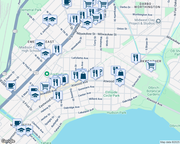 map of restaurants, bars, coffee shops, grocery stores, and more near 202 Corry Street in Madison