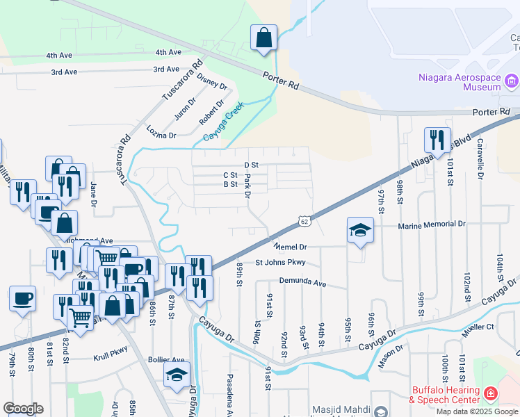 map of restaurants, bars, coffee shops, grocery stores, and more near 305 Quain Place in Niagara Falls