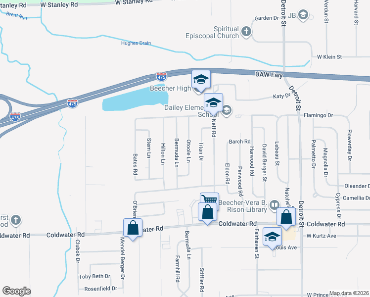 map of restaurants, bars, coffee shops, grocery stores, and more near 6175 Otoole Lane in Mount Morris