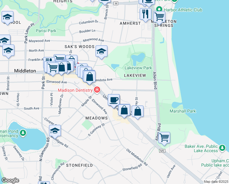 map of restaurants, bars, coffee shops, grocery stores, and more near 6415 Lakeview Boulevard in Middleton