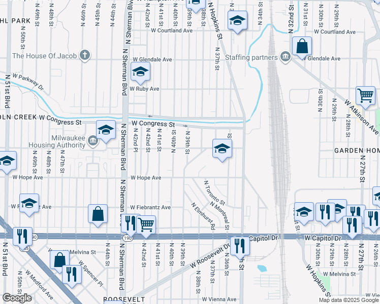 map of restaurants, bars, coffee shops, grocery stores, and more near 4270 North 39th Street in Milwaukee