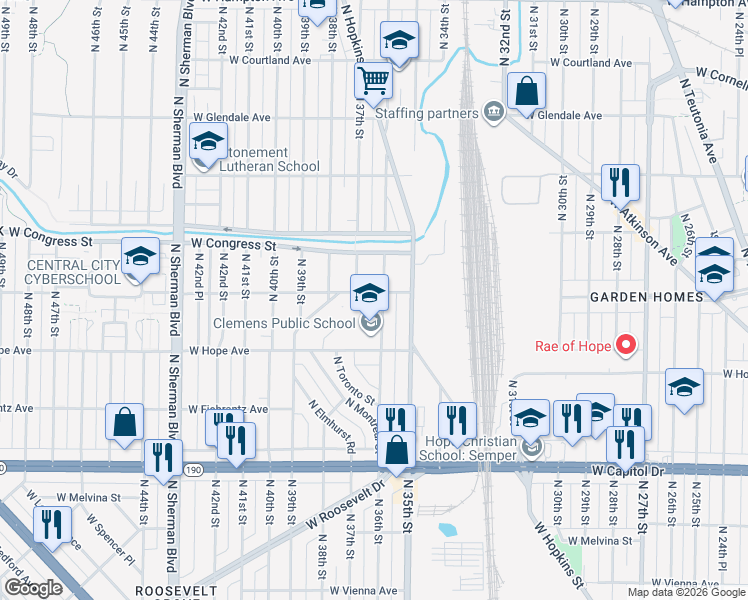 map of restaurants, bars, coffee shops, grocery stores, and more near 3611 W Marion St in Milwaukee