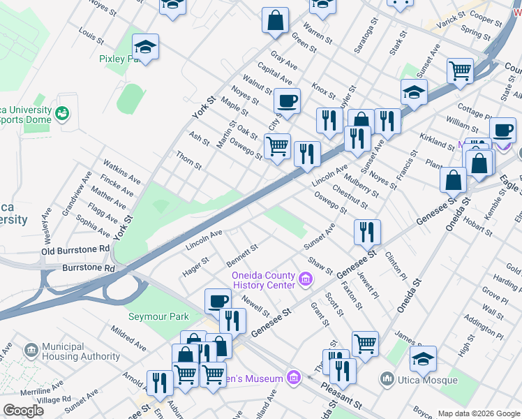 map of restaurants, bars, coffee shops, grocery stores, and more near 1552 Lincoln Ave in Utica