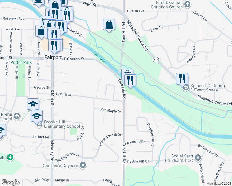 map of restaurants, bars, coffee shops, grocery stores, and more near 8 Hillsborough Street in Fairport