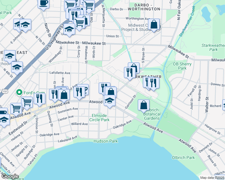 map of restaurants, bars, coffee shops, grocery stores, and more near 201 Dixon Street in Madison