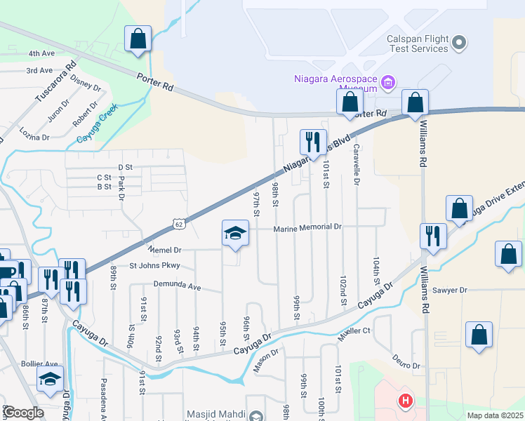 map of restaurants, bars, coffee shops, grocery stores, and more near 1613 97th Street in Niagara Falls