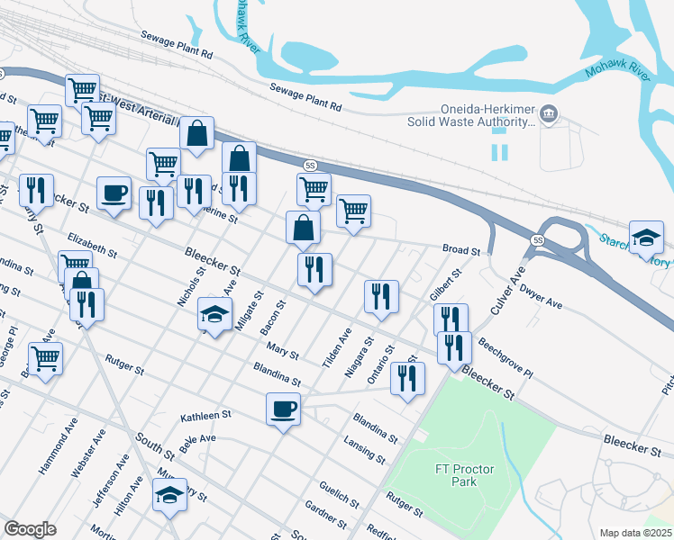 map of restaurants, bars, coffee shops, grocery stores, and more near 1400 Catherine Street in Utica