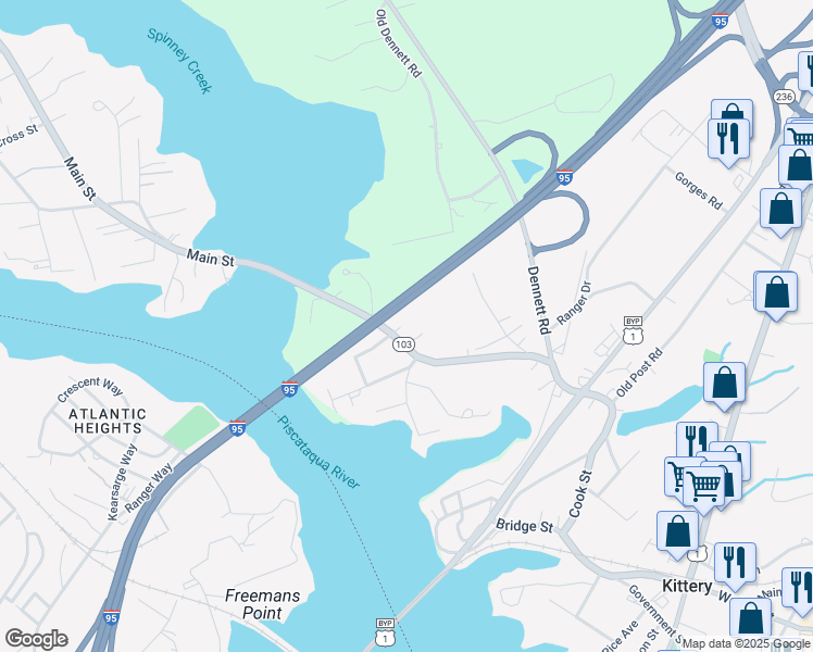 map of restaurants, bars, coffee shops, grocery stores, and more near 62 South Eliot Road in Kittery