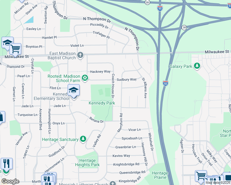 map of restaurants, bars, coffee shops, grocery stores, and more near 205 Coach House Drive in Madison