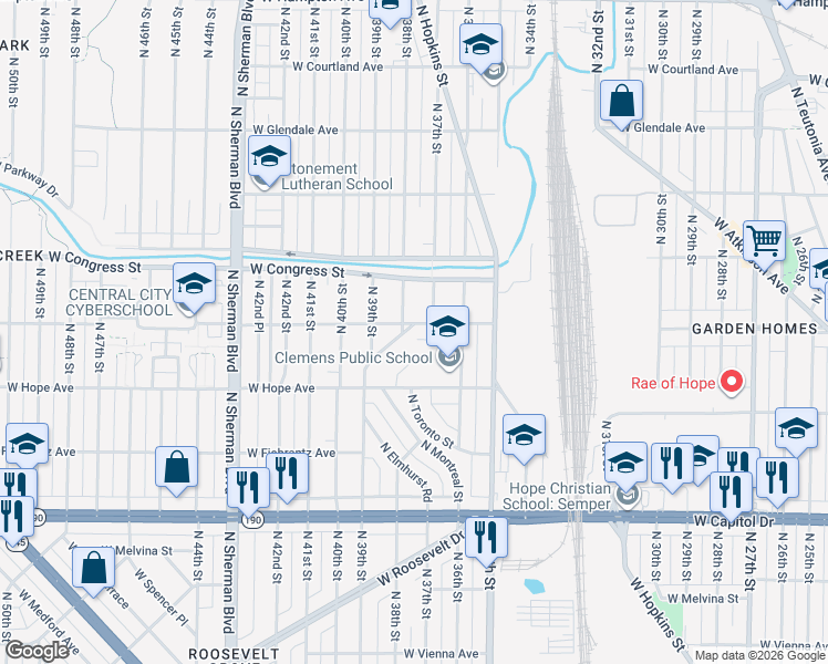 map of restaurants, bars, coffee shops, grocery stores, and more near 4294 N Sercombe Rd in Milwaukee