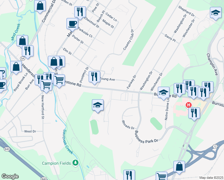 map of restaurants, bars, coffee shops, grocery stores, and more near 1 Marauder Boulevard in New York Mills