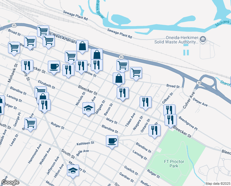 map of restaurants, bars, coffee shops, grocery stores, and more near 416 Bacon St in Utica