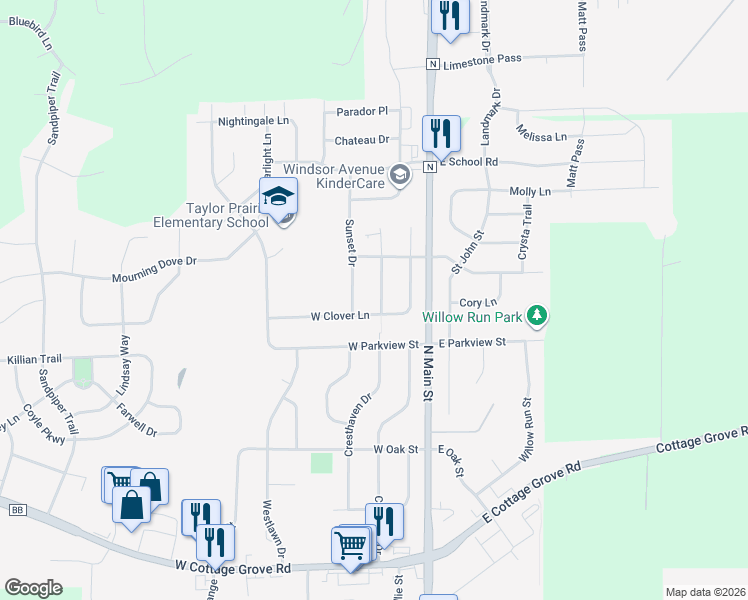 map of restaurants, bars, coffee shops, grocery stores, and more near 805 Whispering Way in Cottage Grove