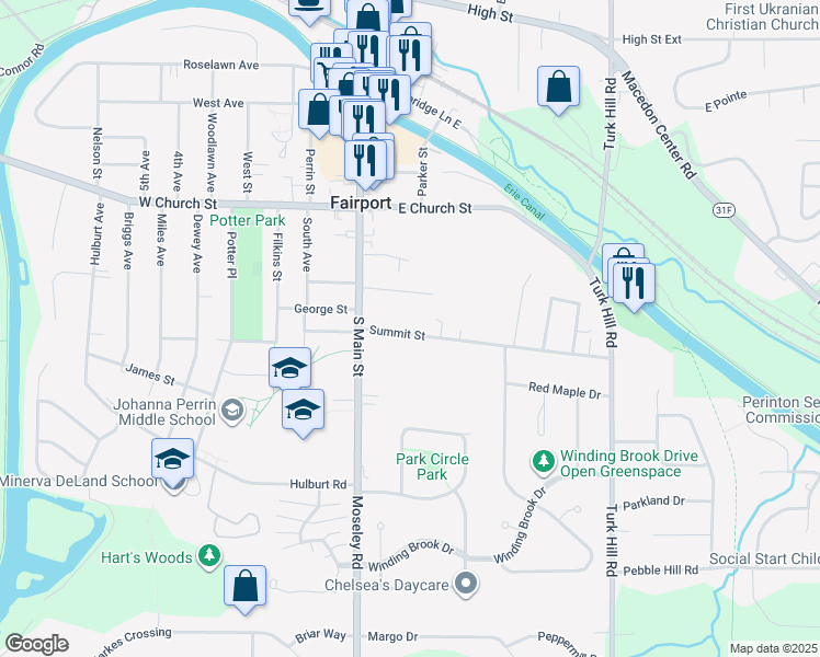 map of restaurants, bars, coffee shops, grocery stores, and more near 19 Summit Street in Fairport