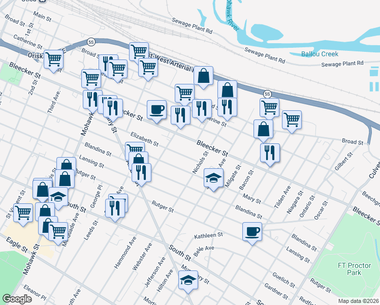 map of restaurants, bars, coffee shops, grocery stores, and more near 925 Elizabeth Street in Utica