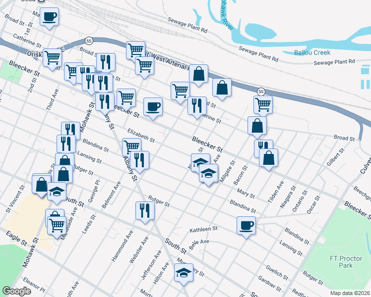 map of restaurants, bars, coffee shops, grocery stores, and more near 925 Elizabeth Street in Utica