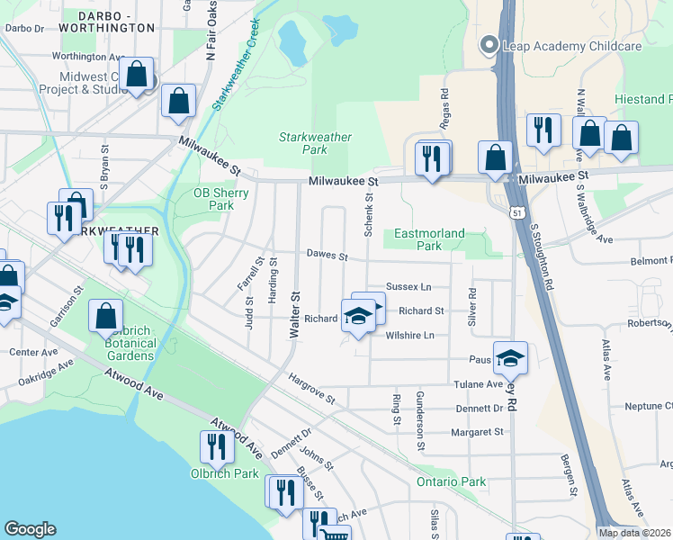 map of restaurants, bars, coffee shops, grocery stores, and more near 110 Cumberland Ln in Madison