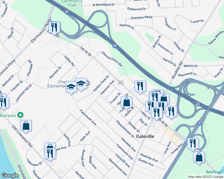 map of restaurants, bars, coffee shops, grocery stores, and more near 111 Albernathy Street in Liverpool