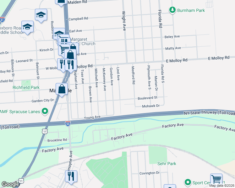 map of restaurants, bars, coffee shops, grocery stores, and more near 134 Lind Avenue in Syracuse