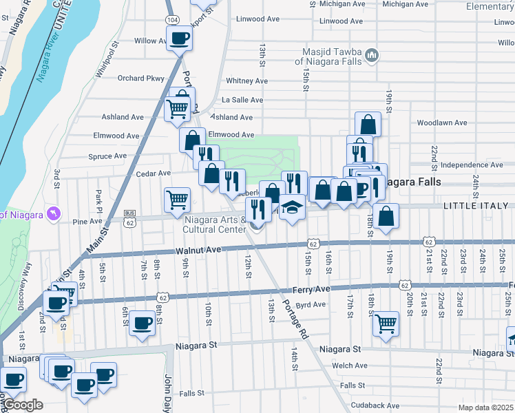 map of restaurants, bars, coffee shops, grocery stores, and more near 1240 Pine Avenue in Niagara Falls