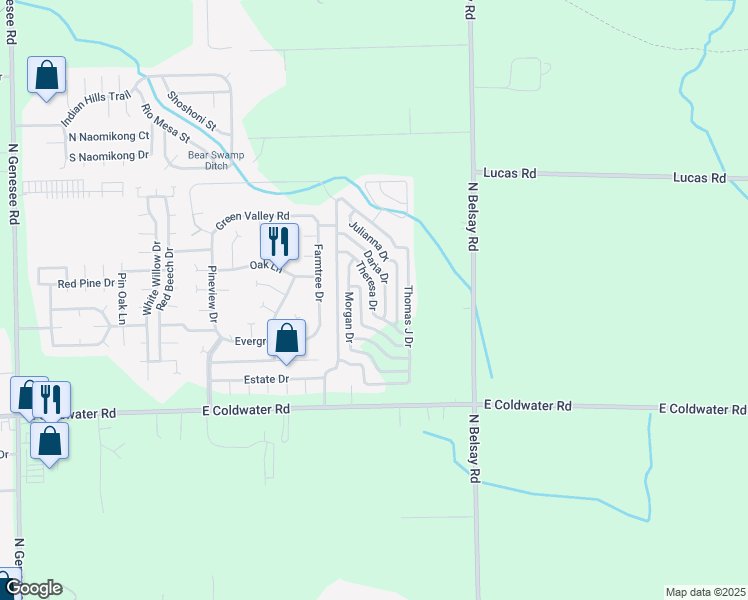 map of restaurants, bars, coffee shops, grocery stores, and more near 724 Morgan Drive in Flint