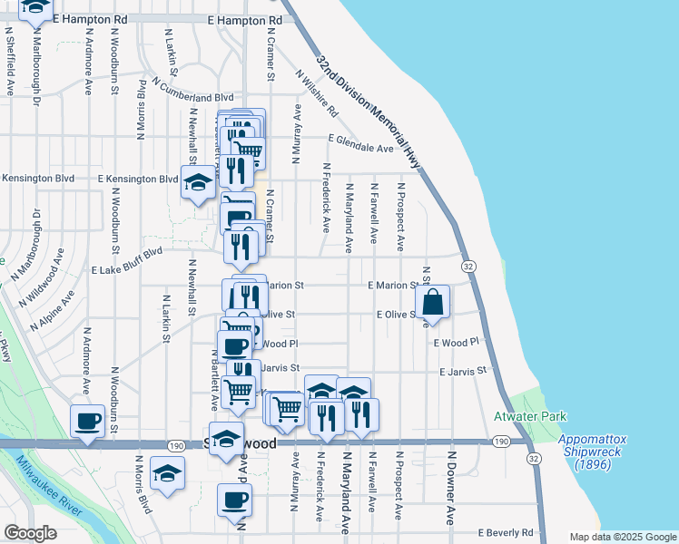 map of restaurants, bars, coffee shops, grocery stores, and more near 2102 East Marion Street in Shorewood