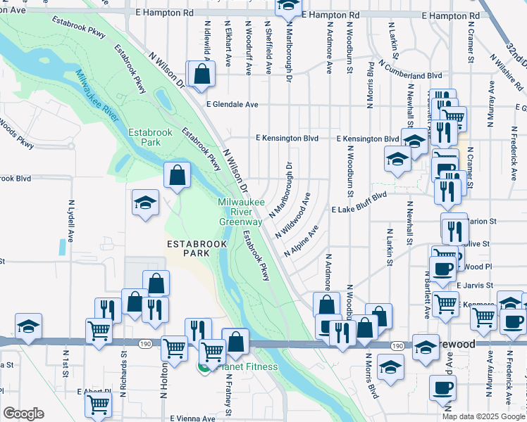 map of restaurants, bars, coffee shops, grocery stores, and more near 4305 North Marlborough Drive in Shorewood
