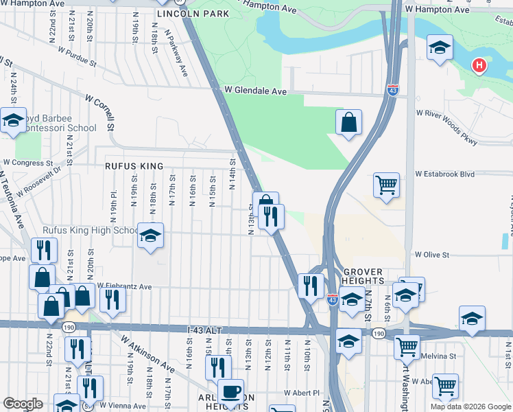 map of restaurants, bars, coffee shops, grocery stores, and more near 4309 North 13th Street in Milwaukee