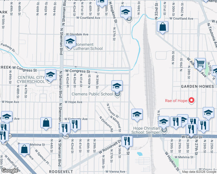 map of restaurants, bars, coffee shops, grocery stores, and more near 4294 North Sercombe Road in Milwaukee