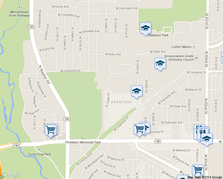 map of restaurants, bars, coffee shops, grocery stores, and more near 4244 North 104th Street in Milwaukee