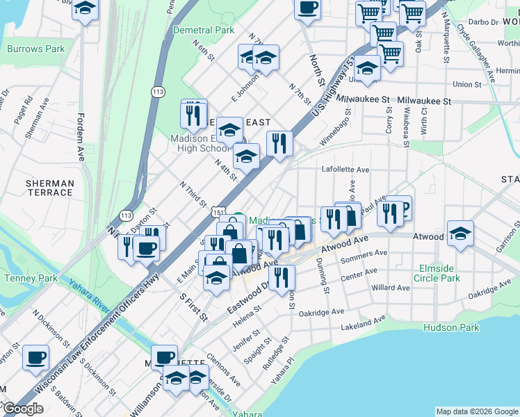 map of restaurants, bars, coffee shops, grocery stores, and more near 2134 Winnebago Street in Madison