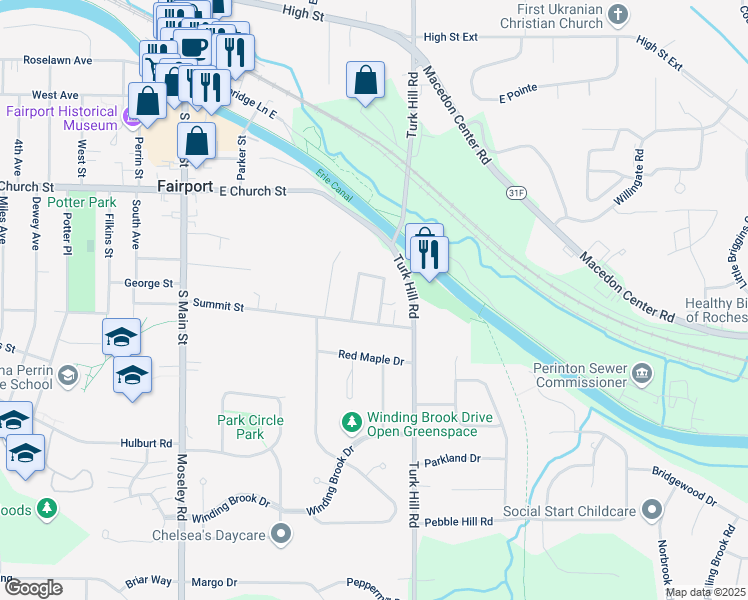 map of restaurants, bars, coffee shops, grocery stores, and more near 5 Hillsborough Street in Fairport