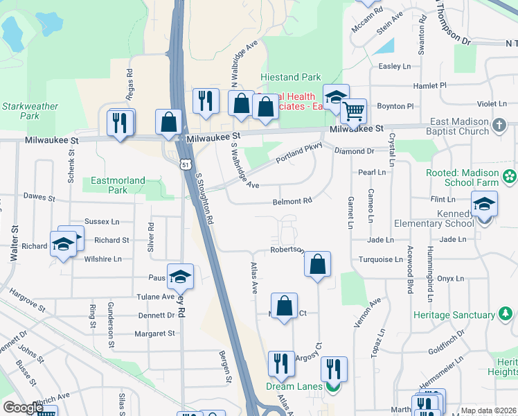 map of restaurants, bars, coffee shops, grocery stores, and more near 142 Belmont Road in Madison