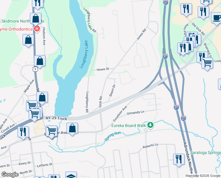 map of restaurants, bars, coffee shops, grocery stores, and more near 12 Sherri Road in Saratoga Springs