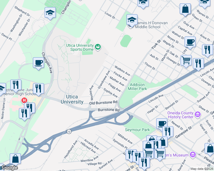 map of restaurants, bars, coffee shops, grocery stores, and more near 1421 Flagg Ave in Utica