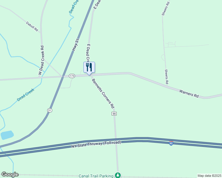 map of restaurants, bars, coffee shops, grocery stores, and more near 6724 Bennetts Corners Road in Warners