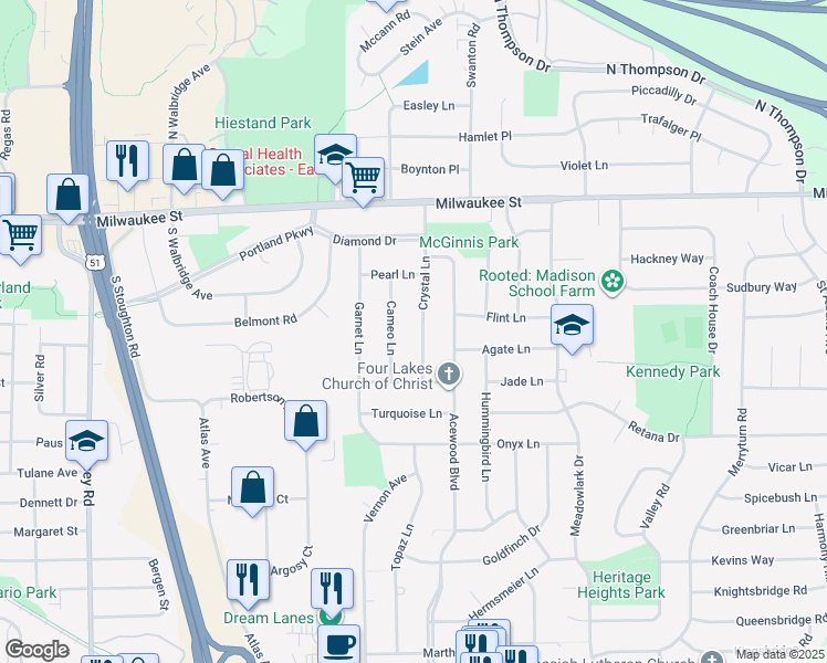 map of restaurants, bars, coffee shops, grocery stores, and more near 210 Crystal Lane in Madison