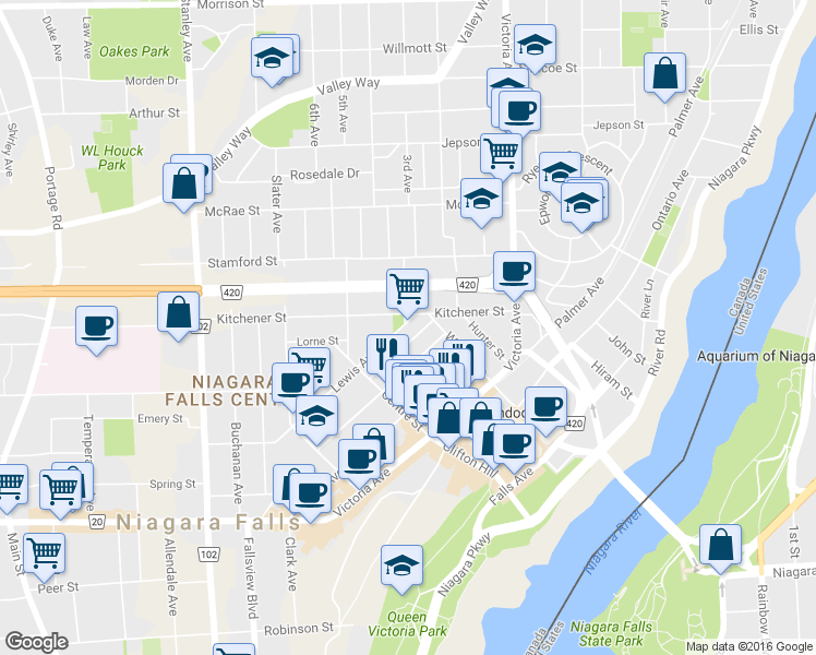 map of restaurants, bars, coffee shops, grocery stores, and more near 5478 Lewis Avenue in Niagara Falls