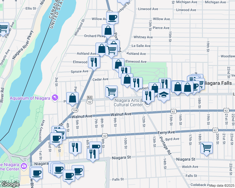 map of restaurants, bars, coffee shops, grocery stores, and more near 720 10th Street in Niagara Falls