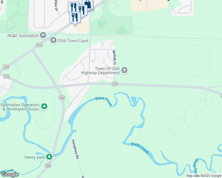 map of restaurants, bars, coffee shops, grocery stores, and more near 233 Beaver Road in Churchville