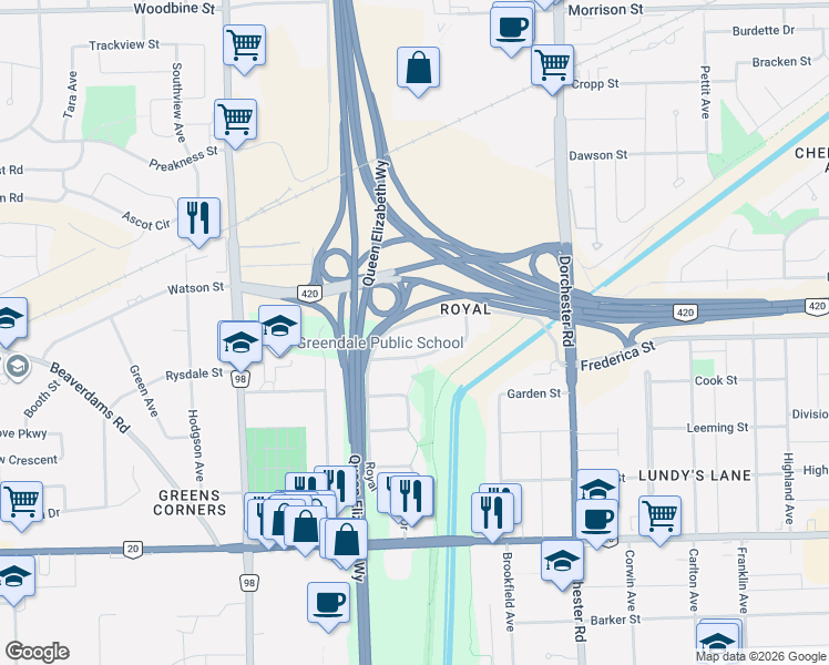 map of restaurants, bars, coffee shops, grocery stores, and more near 5498 Royal Manor Drive in Niagara Falls