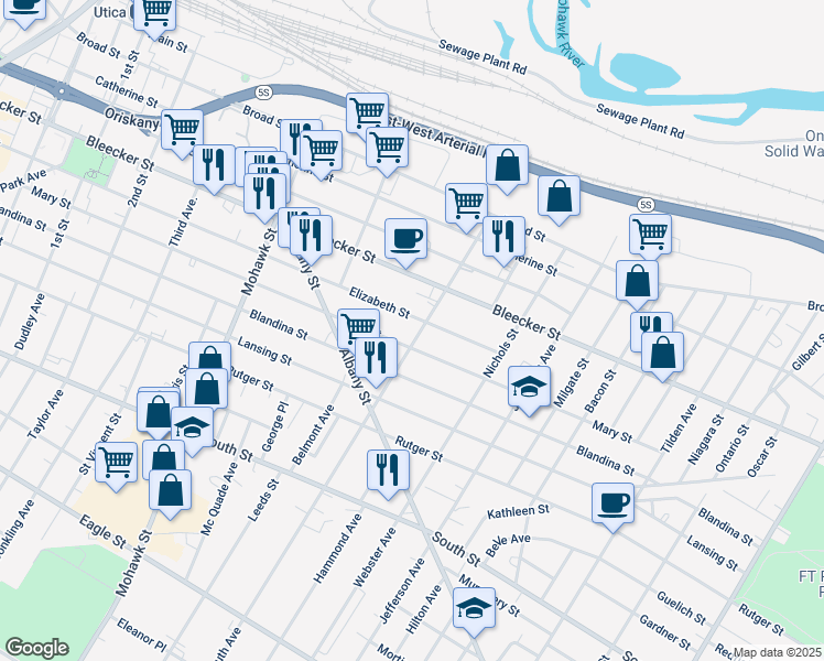 map of restaurants, bars, coffee shops, grocery stores, and more near 604 Kossuth Avenue in Utica