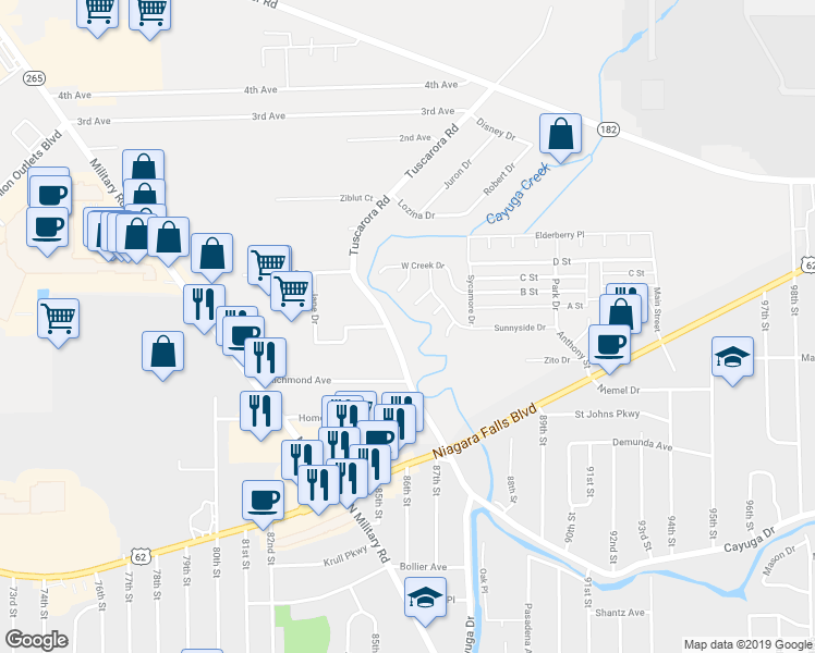 map of restaurants, bars, coffee shops, grocery stores, and more near 1615 Tuscarora Road in Niagara Falls