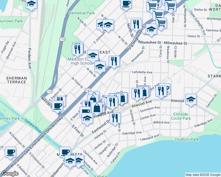 map of restaurants, bars, coffee shops, grocery stores, and more near 2134 Rusk Street in Madison
