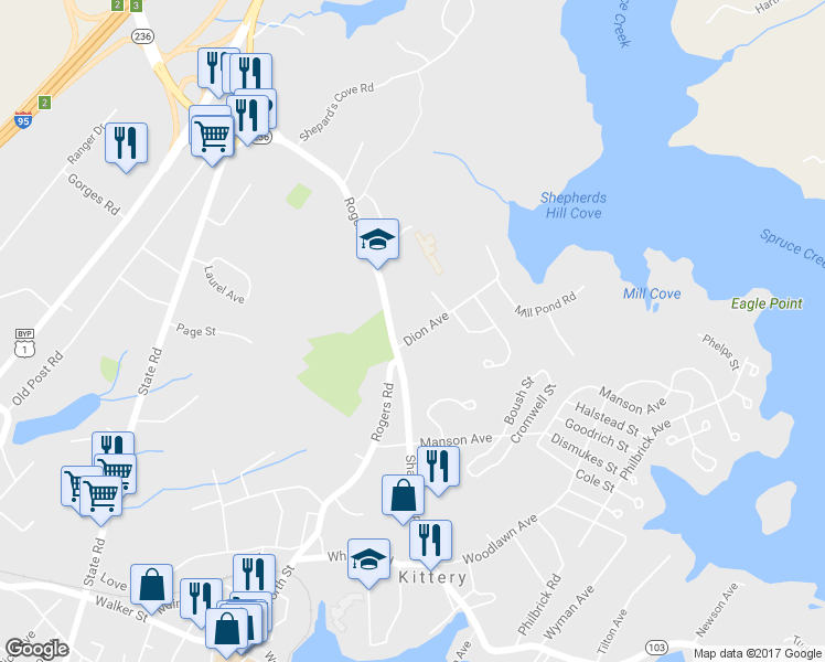 map of restaurants, bars, coffee shops, grocery stores, and more near 9 Dion Avenue in Kittery