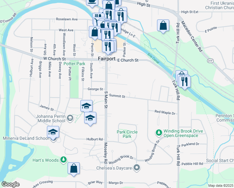map of restaurants, bars, coffee shops, grocery stores, and more near 19 Summit Street in Fairport