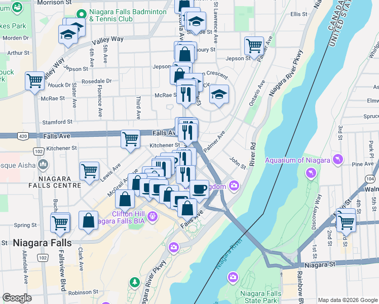 map of restaurants, bars, coffee shops, grocery stores, and more near 5480 Victoria Avenue in Niagara Falls