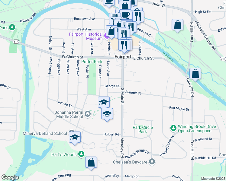 map of restaurants, bars, coffee shops, grocery stores, and more near 13 Baumer Place in Fairport