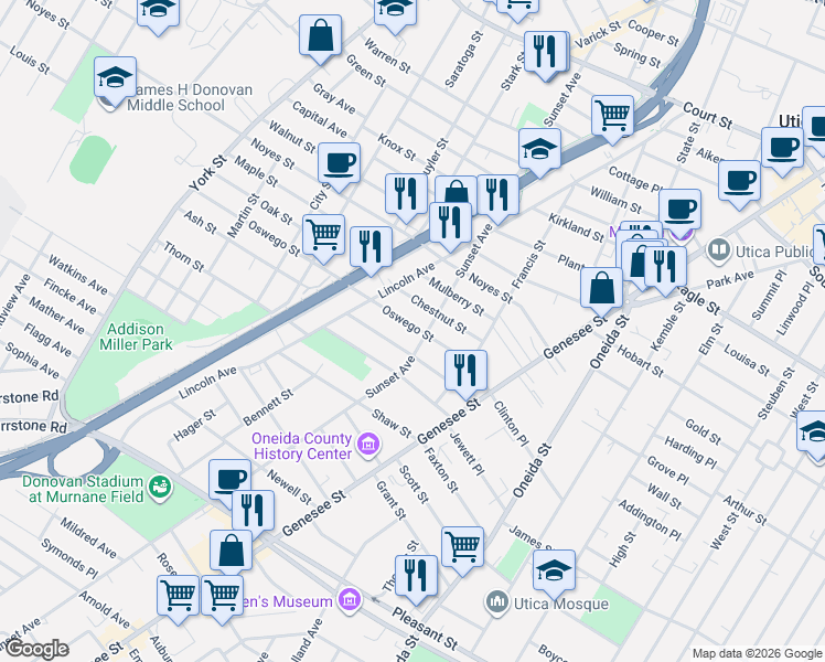 map of restaurants, bars, coffee shops, grocery stores, and more near 803 Oswego Street in Utica