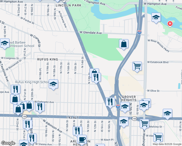 map of restaurants, bars, coffee shops, grocery stores, and more near 4309 North 13th Street in Milwaukee